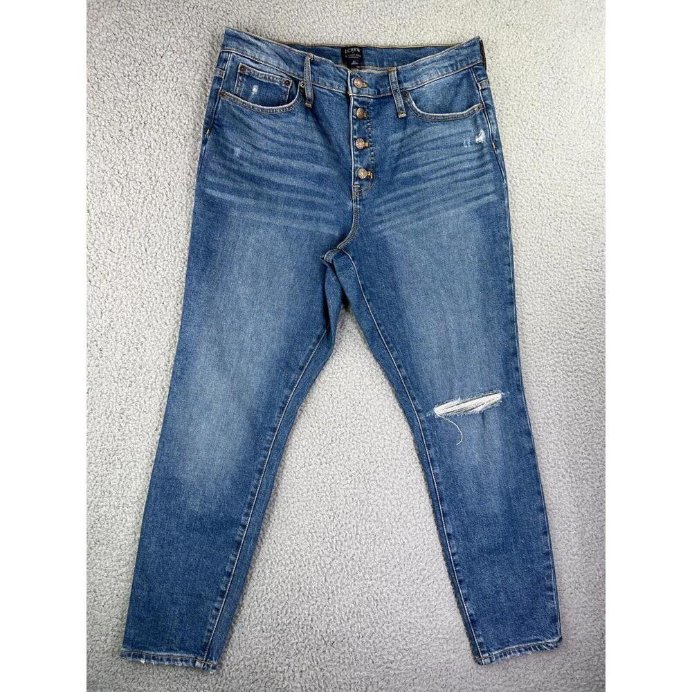 J Crew Womens Sz 34 x 28 Jeans 10" High Rise Skinny Blue Denim Distressed